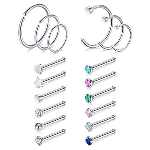 JFORYOU 18 Pezzi Forma L Naso a Bottone 20 Gauge Piercing CZ Naso Bottone in Acciaio Inossidabile Anello a Forma L Piega per Corpo Gioielli