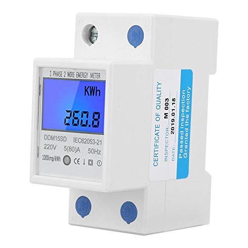 Multifunzione LCD KWh Meter, Contatore elettrico digitale monofase 2 fili 1Phase su guida DIN elettronico KWh Meter 220V 5 (80) A [Classe di efficienza energetica A]