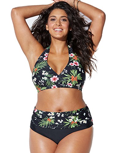 chuangminghangqi Donna Bikini a Vita Alta Imbottito Taglie Forti Costume da Bagno Due Pezzi Stampato Ricamo Nuoto Mare (4XL, 382-Verde)