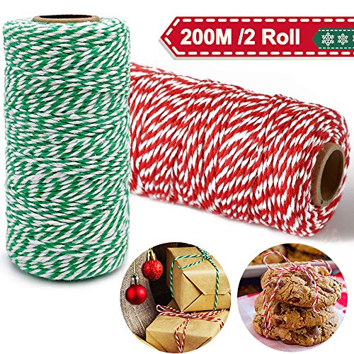 Spago Verde Rosso e Bianco 200M, Spago Bakers/Spago Macellaio/Spago da giardino 2 Rotolo, Spago colorato Corda di cotone per confezioni regalo di Natale Decorazioni