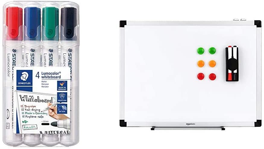 STAEDTLER Lumocolor whiteboard marker, confezione da 4, punta tonda, 351 WP4 & AmazonBasics - Lavagna bianca, cancellabile a secco, con supporto porta-pennarelli e bordi in alluminio, 90 cm x 60 cm