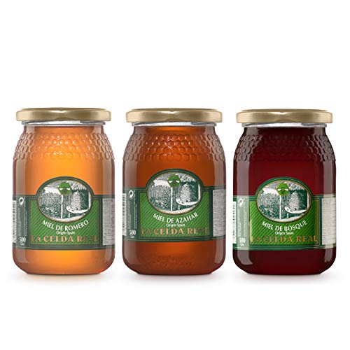 La Celda Real - 1,5 kg Miele naturale - Origine Spagna -100% Puro - Vaso di vetro - Pack 3 sapori: Miele di Rosmarino + Miele di Bosco + Miele fiori d'Arancio
