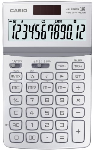 Casio JW-200TW-WE Calcolatrice da Tavolo, Display a 12 Cifre, Struttura in Metallo, Bianco
