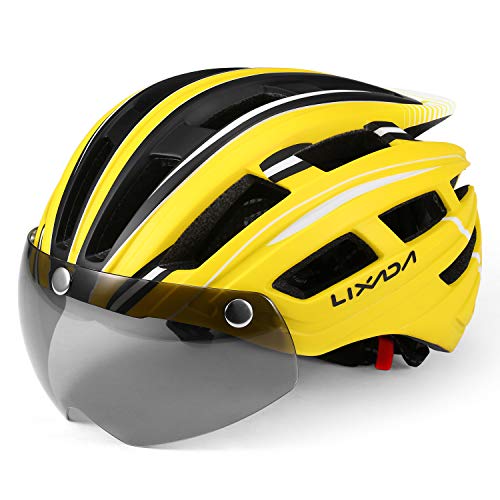 Lixada Mountain Bike Helmet Casco da Motociclismo con Luce Posteriore Staccabile Visiera Magnetica UV Protettiva (Giallo Nero Bianco)