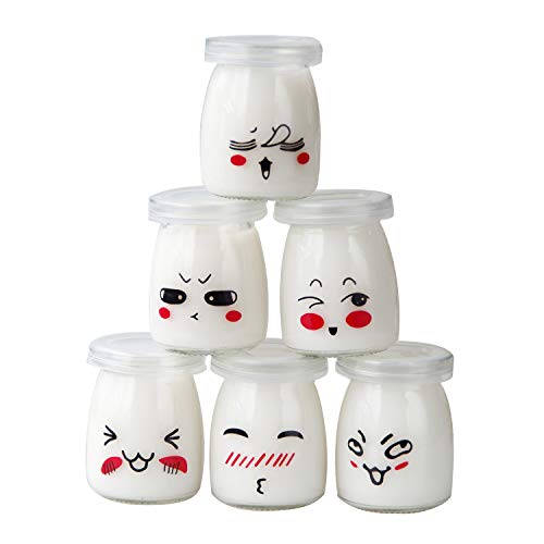 Vasetti per yogurt o crema dessert in vetro con decorazione emoticon e coperchi, capacità 100 ml