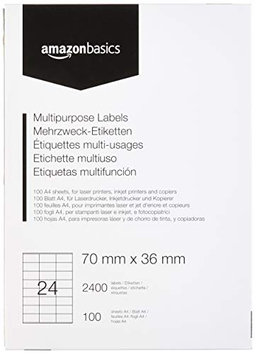 AmazonBasics - Etichette Multiuso, 70.0mm x 36.0mm, 100 fogli, 24 etichette per foglio, 2400 etichette