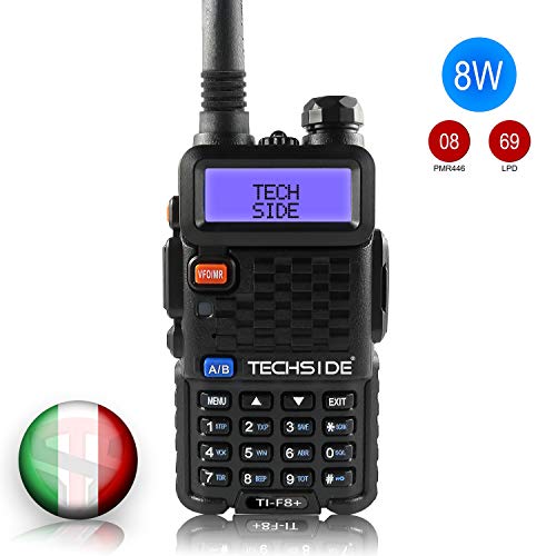 TECHSIDE MOD. PIU' POTENTE 8W | Tri-Power | Radio TI-F8+ Dual Band Vhf/Uhf | COMPATIBILE BAOFENG canali PREINSTALLATI MIDLAND G7 Pro G9 PMR446 LPD SoftAir Vigilanza Trekking | Accessori| Garanzia ITA