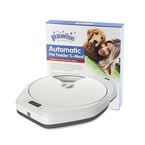 PAWISE Alimentatore Automatico Per Cani e Gatti, 5 Vassoi Per Alimenti Per Alimenti Secchi Umidi, Distributore Automatico Di Alimenti Per Animali Domestici Funzione , 5 x 240 ml