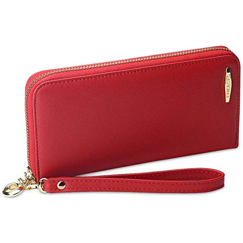 Portafoglio Donna, PU pelle con zip/cerniera di grande capacità, COCASES Clutch Pochette con cinturino per polso (Rosso)