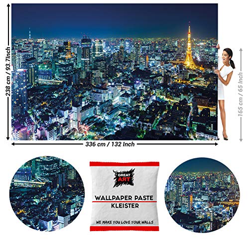 GREAT ART Photo Carta da Parati – Skyline di Tokyo di notte –Decorazione linea dell'orizzonte City Japan Viaggio per le città del mondo – 336 x 238 cm 8 pezzi e colla inclusa