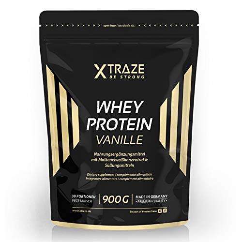 XTRAZE® Proteina di Siero di Latte in Polvere per Frullati Proteici – 900g Concentrato + Isolato con BCAA, Prodotto in Germania, No Additivi, Sollevamento Pesi, Culturismo, Fitness (Vaniglia)