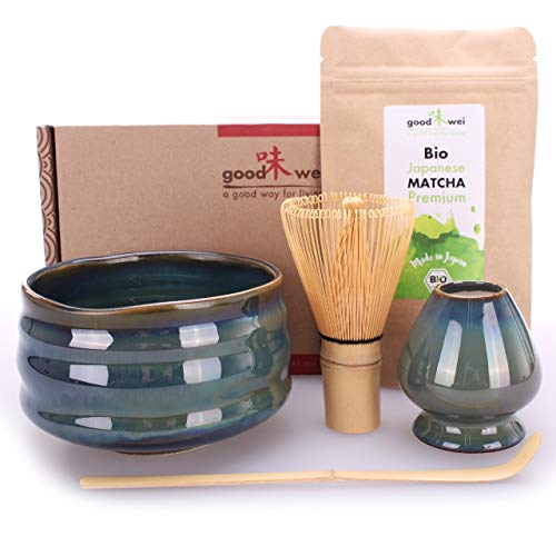 Goodwei Set di Matcha Completo - Tazza Cerimoniale con frusta e cucchiaio di bambù - incl. Tè Matcha Biologico Giapponese (Menouseki)