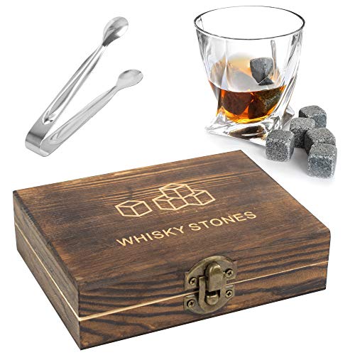 TRIXES Set Regalo con Pietre di Whisky - 9 Pezzi di Pietre di Whisky in Lussuoso Cofanetto in Legno -Regali per Uomo - Mantieni Il Whisky Scozzese al Whisky ghiacciato - Natale - Festa del papà