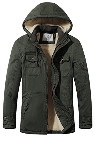 WenVen Coat Hood Warm Windproof Overcoat Work Winter Giaccone da Lavoro Giacca con Cappuccio Staccabile Uomo Verde Militare L