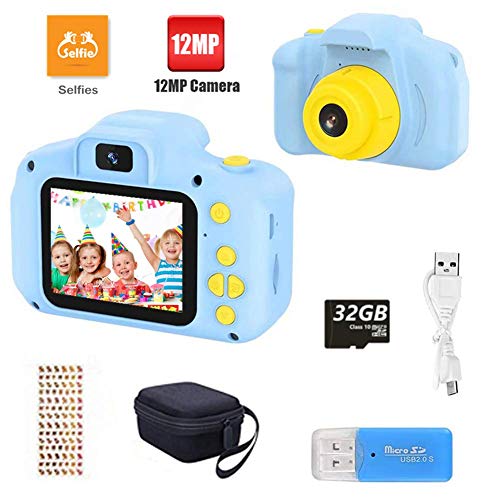 YunLone Fotocamera Bambini,12MP Selfie Fotocamera Digitale per Bambini FHD 1080P Videocamera Regali per Ragazze Ragazzi da 3-8 Anni, 8X Zoom/Scheda 32 GB/Custodia Inclusa - Blu
