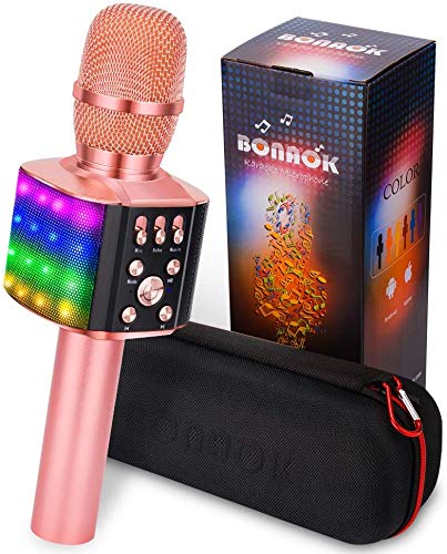 Karaoke Microfono Senza Filo Aggiornato BONAOK con Luci LED Colorate Lampeggianti, 4 in 1 Microfono Karaoke, Portatile Karaoke Player Machine Festa a Casa Speaker Regalo per Android/iOS (Oro Rosa)