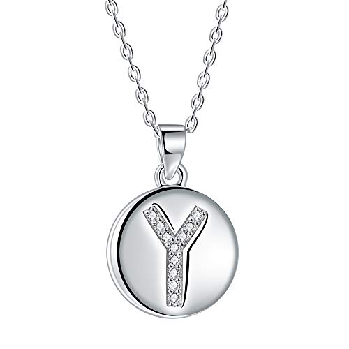 Collana da donna con lettera iniziale Y, pendente a disco in argento 925 con zirconi cubici AAA, lunghezza catena 40 + 5 cm
