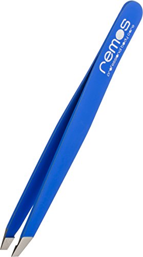 remos - pinzette per le sopracciglia in acciaio inox con rivestimento blu - punta obliqua - 9 cm