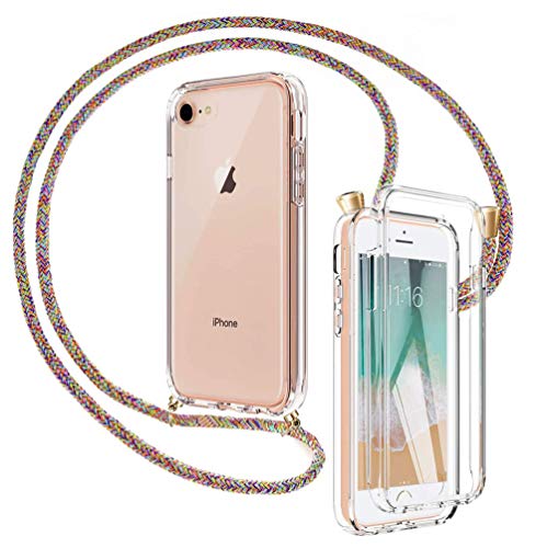 Mkej 3 in 1 Custodia per Cellulare Girocollo per iPhone SE/ 7/8 Case Tracolla con Protezione per Display Integrata - Cordoncino Cover 360 Gradi Full Body Trasparente con Collana/Necklace,Arcobaleno