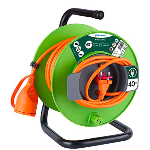 Electraline 49235 Prolunga Giardino con Avvolgicavo Spina e Presa Europea 2 Poli Adatta per Elettrodomestici da Giardinaggio, con Protezione, 40 m, Nero/Verde