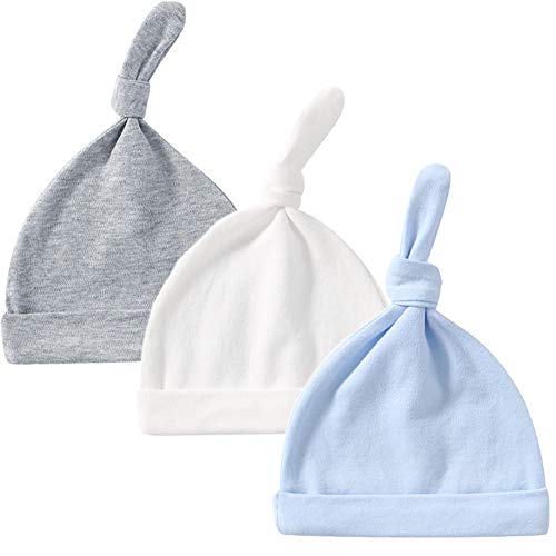 Cappello per neonato, unisex, in cotone, con nodo superiore, regolabile, per bambine da 0 a 3 mesi grigio, bianco e blu. 1 mese