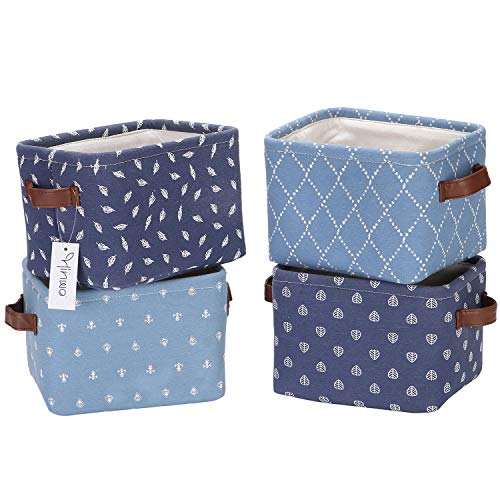 Hinwo 4L Mini Dimensioni Nursery Storage Bin Cestino Pieghevole in Tessuto Denim, Quadrata, Contenitore Organizer con Manici in Pelle PU per scaffali e scrivanie, Set di 4, 20,1 x 16 x 14 cm