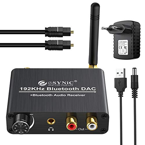 ESYNiC Convertitore DAC 192kHz con Bluetooth 5.0 Ricevitore Volume Regolabile con Cavo Ottico Coassiale Toslink Adattatore Audio Jack 3.5 mm L/R RCA Digitale a Analogico