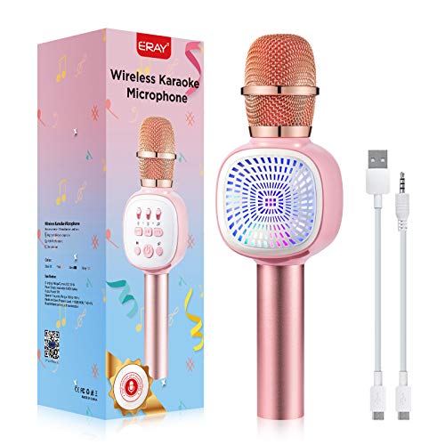 ERAY Karaoke Microfono Wireless, Microfono Karaoke Bluetooth 4 IN 1 Supporta la Scheda TF /1800mAh/3.5mm AUX/Compatibile con Android/iOS, PC e Smartphone, Microfono per Karaoke Rosa