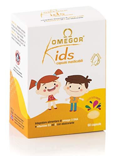 Omegor Kids capsule | 250mg di omega-3 DHA per bambini | Squisite capsule morbidi, in gelatina di pesce, dolcificate e masticabili | Gusto tutti i frutti, 60 cps