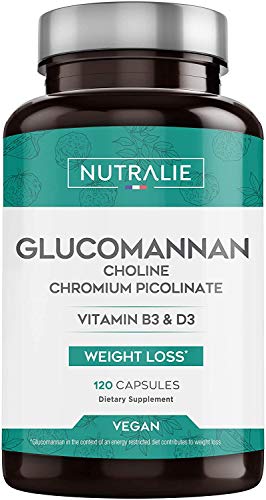 Glucomannano | Aiuta a dimagrire e soppressore dell'appetito 100% naturale con Colina Bitartrato, Cromo picolinato e vitamine B3 e D3 | 120 capsule vegetali | NUTRALIE