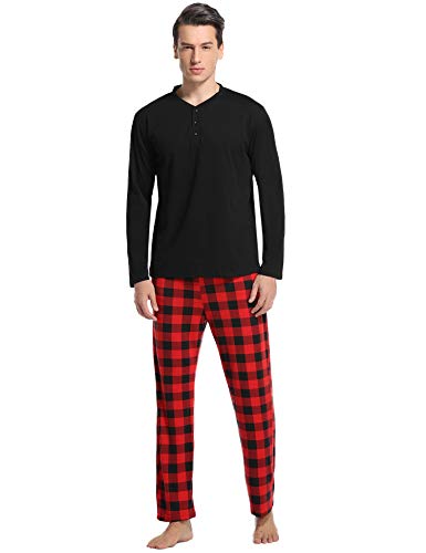 Vlazom Men's Fleece Pyjama Set Sleepwear Loungewear PJ Set Long Sleeve Top And Check Bottoms