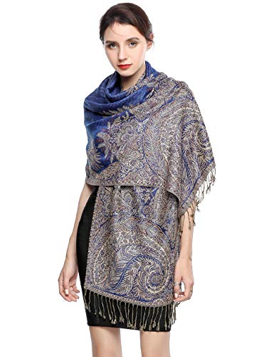 EASE LEAP Sciarpa Pashmina per donna scialle avvolgente caldo di lusso con sensazione di seta Hijab Paisley in colori con frange 200 * 70cm/(Blu reale)
