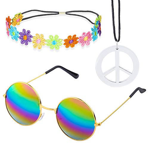 Beelittle Hippie Costume Set - Stile Vintage Anni '60 Occhiali firmati per la Pace Collana Girasole per Capelli Crown Fascia Anni '60 Hippie Set Accessori per Abiti (C)