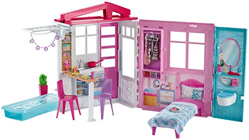 Barbie- Casa Portatile Piccola con Piscina e Accessori (Bambola Non Inclusa), Multicolore, FXG54