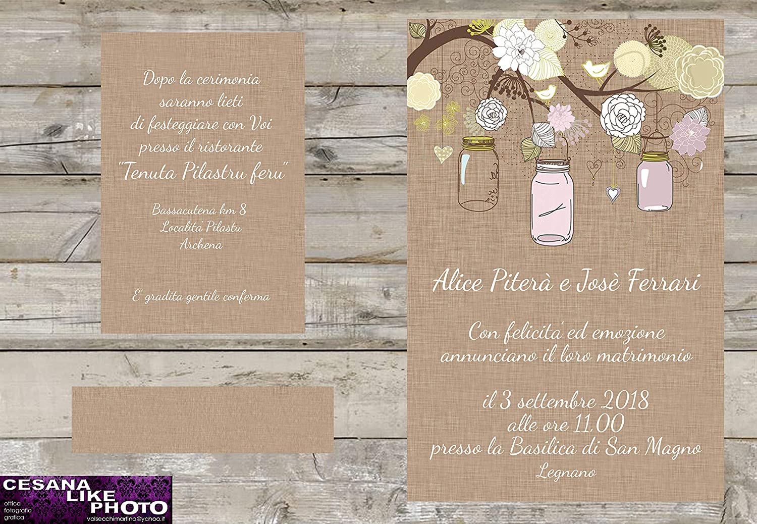 Partecipazioni matrimonio personalizzate - inviti nozze mason jar ramo con fiori e barattoli vintage shabby chic juta 10 pezzi