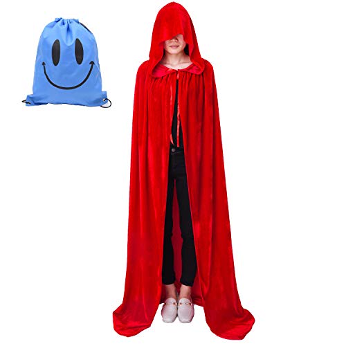 Myir Mantello con Cappuccio Velluto, Adulto Bambini Halloween Mantelli Lungo Halloween Costume Unisex Strega Wicca (XL, Rosso Velluto)