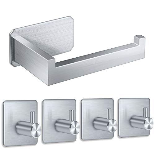 Yosemy 1*Porta Carta Igienica In Acciaio Inox + 4*Gancio Adesivo Impermeabile a Parete Rack per Cucina Bagno Gancio Acciaio Inossidabile Autoadesivi Senza Foratura