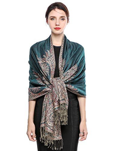 EASE LEAP Sciarpa Pashmina per donna scialle avvolgente caldo di lusso con sensazione di seta Hijab Paisley in colori ricchi con frange 200 * 70cm/(Verde scuro)