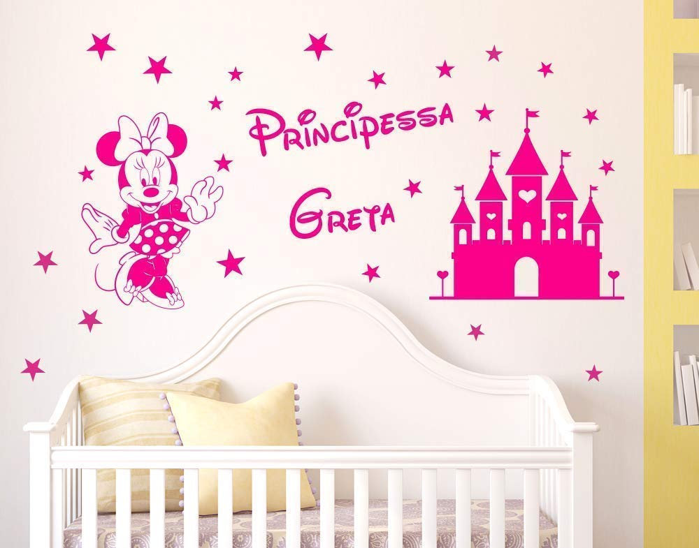 Adesivi Murali Bambini Nome personalizzato Minnie e castello magico con stelline Principessa Adesivo Nome Wall Stickers Decorazione da parete Cameretta Bambina