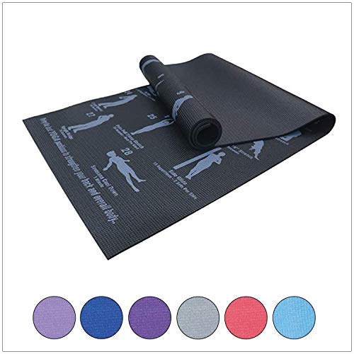 Weddecor 180 x 60cm Nero Tappetino Yoga Stampata With 28 Pose Istruzioni dietro Health Tappetino per Yoga Pilates Fitness Allenamenti,Ginnastica,Eserzio