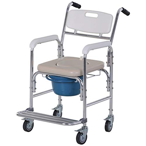 homcom Sedia a Rotelle Impermeabile con WC Seduta in Ecopelle, 4 Ruote, Vaso Rimovibile per Anziani/Disabili, 88x54x94cm