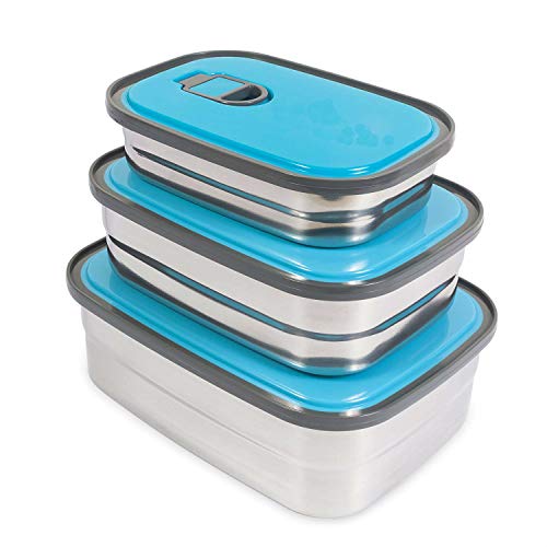 Zeerkeer Lunch Box Bento Box in Acciaio Inossidabile,3 Pezzi Sacco per il Pranzo a Tenuta Stagna Contenitori Alimenti Senza BPA per Ufficio Scolastico Scatole Alimenti per Bambini Donne Uomini(Blu)