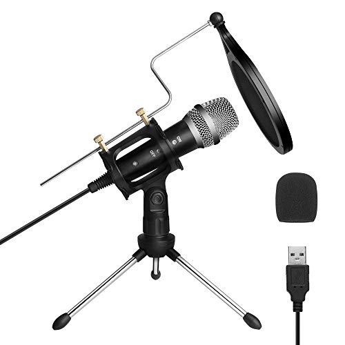Microfono per PC, Microfono USB Microfono PC Plug & Play Microfoni a Condensatore con Treppiede e Filtro per Registrazione Vocale/Streaming/Youtube/Skype/Chat Online/Giochi/Podcasting/Windows/Mac