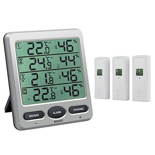 Neoteck Termometro Igrometro con 3 Sensori Remoti LCD Digitale Interno Esterno/Misuratore Temperatura umidità Valore Min/Max per Controllo di Aria Condizionata Casa Ufficio Hotel Stanza Ospedale