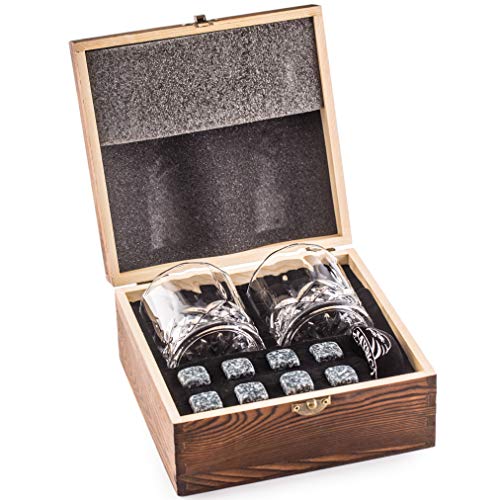 Amerigo Deluxe Whisky Stones Set di Regalo di 2 Bicchieri da Whiskey - Distinguiti nella Scelta dei Regali - Set di 8 Granito Cubetti di Ghiaccio Riutilizzabili - Whisky Pietre Set EBOOK Gratis