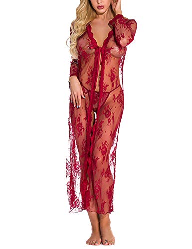 Sykooria Babydoll Lingerie Sexy Donna Kimono Lungo Trasparente Pizzo+G-String