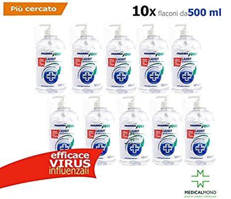 MEDICALMONO - 10 Gel Mani Igienizzante - Battericida - Virucida compresi VIRUS influenzali - Senza Risciacquo PMC 500 Ml