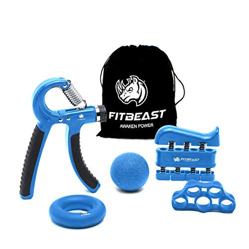 FitBeast Kit Allenamento per Rinforzare Mani e Avambracci - Pacco da 5, Pinza per Mani Regolabile, Attrezzo per Esercitare Le Dita, Finger Stretcher, Anello per Esercizi & Palla Antistress per Atleti