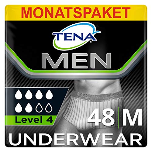 TENA MEN Protective Underwear, Livello di protezione 4, Pacco Scorta Mensile, Boxer Assorbenti per Perdite Urinarie, Elasticizzati, Monouso, per Uomo, 4 conf. x 12 Pezzi, M