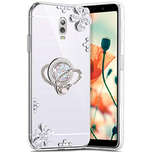 Robinsoni Cover Compatibile con Samsung Galaxy C8 Custodia Flessibile Galaxy J7 Plus Silicone TPU Brillante Glitters Cover Rotante Squillare Supporto Custodia Sottile Effetto Specchio Cover Argent